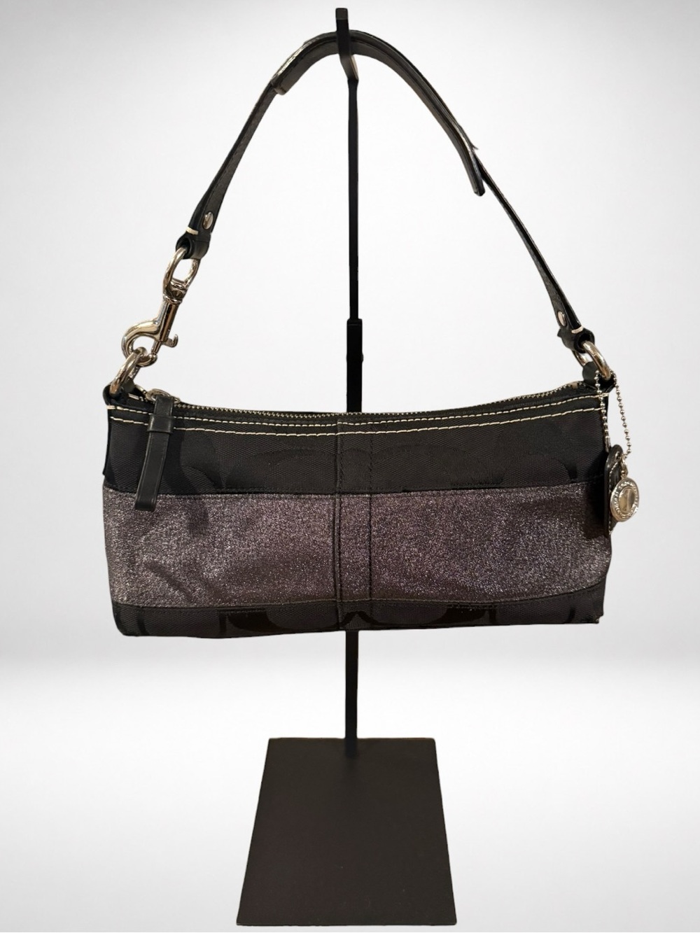 COACH 11096 Vintage Y2K Signature Stripe East West Baguette Shoulder Bag Black